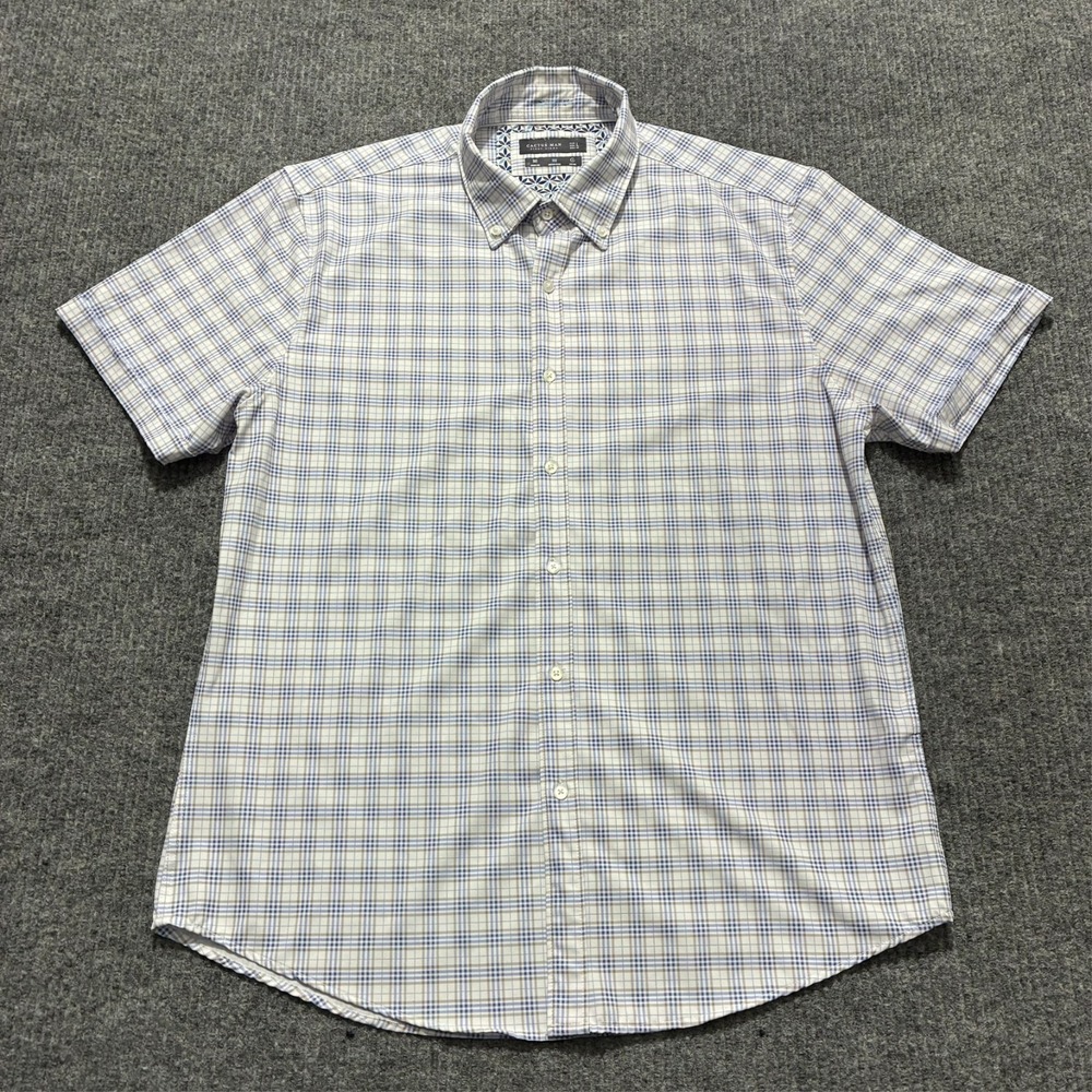 Ricky Singh Cactus Man Mens Button Down Shirt Large Blue Plaid Short‎ Sleeve